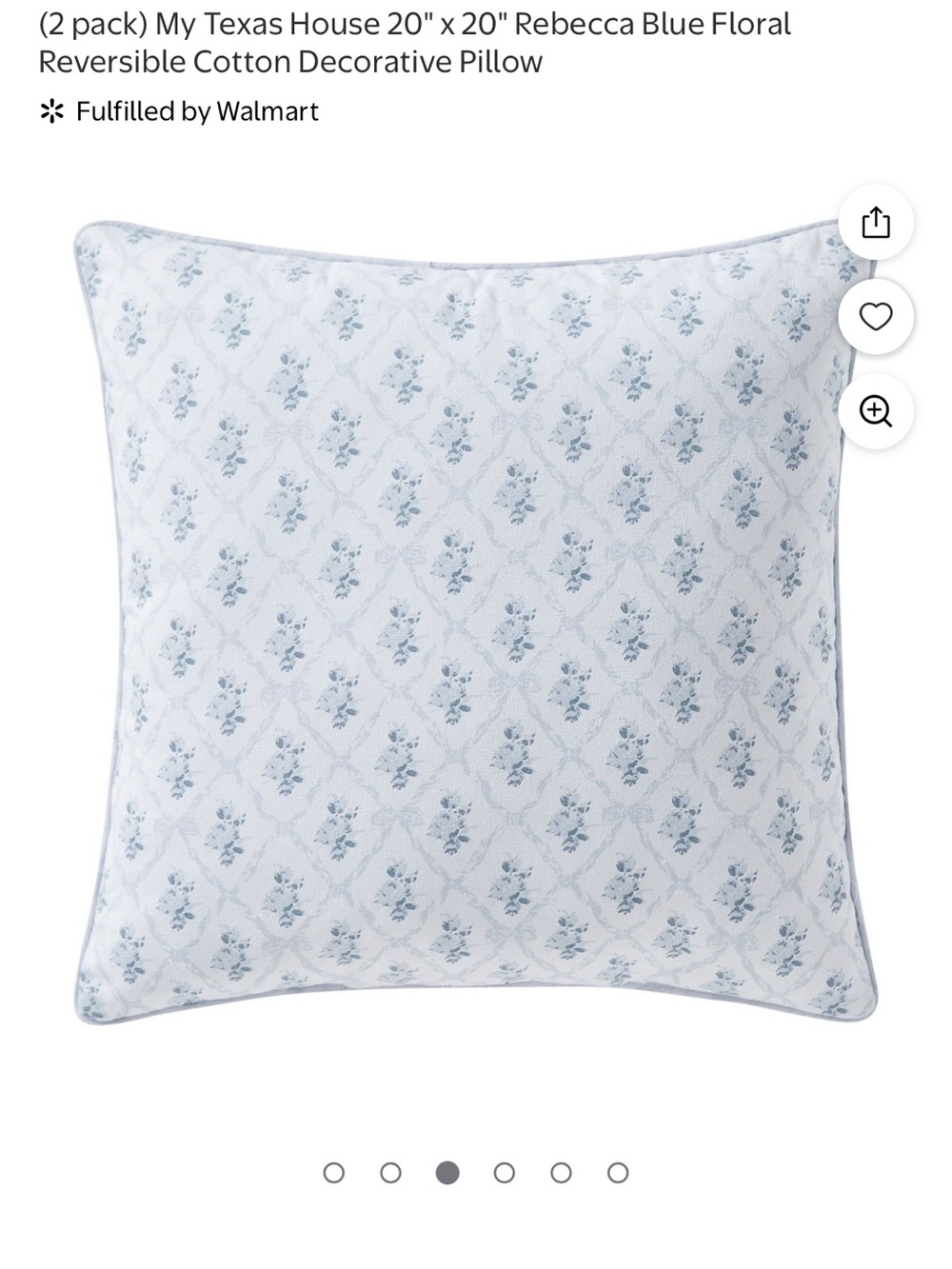 My Texas House 20”x20” Rebecca blue floral reversible cotton pillow